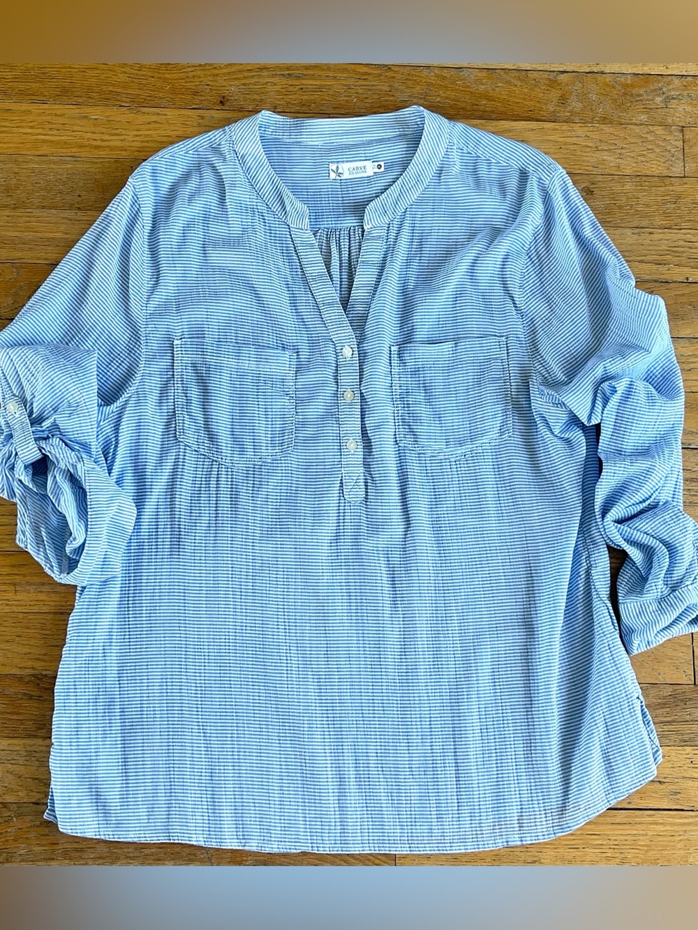 Carve Designs Dylan Gauze Popover Henley Top Mini Striped Blue Organic Cotton XL